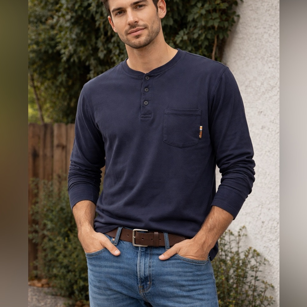 Men's Navy Long Sleeve Henley FR Shirt Size S